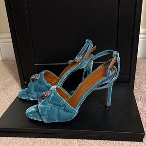 Kurt Geiger Teal Velvet Quilted Slingback Heels with Gem Embellishment